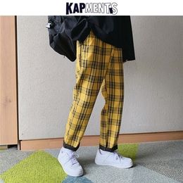 KAPMENTS Streetwear Yellow Plaid Pants Men Joggers Man Casual Straight Harem Pants Men Korean Hip Hop Track Pants Plus Size 201128