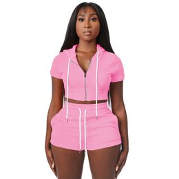 New XS Wholesale Women Outfits Summer Tracksuits Short Sleeve Hooded Jacket+shorts Two Piece Sets Solid Jogger suits Matching Set 7244