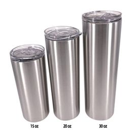 USA Warehouse 20oz 30oz Stainless Steel Colour straight tumblers Water Bottles with Straw Lid silver Double Wall Insulated Vacuum Custom Coffee Mugs