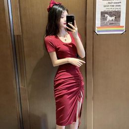 Casual Dresses Summer Internet Anchor Sexy Pleated Side Slit Irregular Slim-Fit Package Hip Short Sleeve Dress For Women