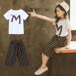 Teen Kids Girls Clothes Summer Fashion Letter Sequin Short Sleeve T-shirt Tops+Cute Bow Knot Stripe Pants Girl Outfits Ropa Niña