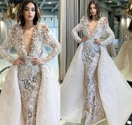 2022 Plus Size Arabic Aso Ebi Mermaid Lace Beaded Wedding Dress Deep V-neck Long Sleeves Bridal Gowns Dresses ZJ503