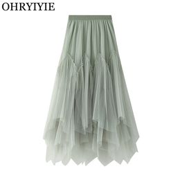 OHRYIYIE Women irregular Long Tulle Skirts Ladies High Waist Ankle-Length Tutu Maxi Skirts Beige Green Female Faldas Jupe Femme 210315