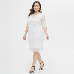 Plus Size Dresses White Lace Dress Woman 2022 Summer Female V Neck Half Sleeve Hollow Out Floral Eleagnt Party Women ClothingPlus