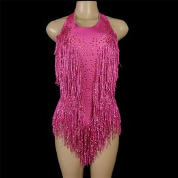 Sparkly Crystals Fringe Bodysuit Women Nightclub Party Outfit Dance Costume Onepiece Stage Wear Sexy Performance Show Leotard 220812