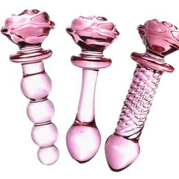 Crystal Rose Penis Glass Men's Women's G-spot Anal Plug Beads Masturbation Erotic Expander Adult Sex Toy Products Prostate 220412