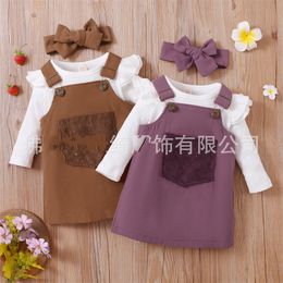2-piece Toddler Baby Girl Clothing Sets Long-sleeve White Tee and Button Design Overall Kids Dress Set 1061 E3