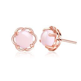 Fashion Natural Pink Crystal Stud Earrings Feminine Cute Simple Hibiscus Stone Round Stud Earrings Rose Gold Plated Earrings
