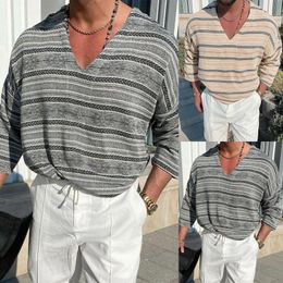 Men's T-Shirts Cotton Spandex Long Sleeve Mens T Shirt Summer Fashion Casual Linen V Neck Striped Quick Dry Clothe Stripe ShirtMen's