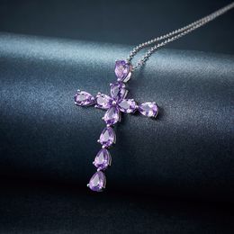 Girls fashion Jewellery Purple Cross zircon inlay Pendant Silver Plated necklace European and American style women wedding party bithday gift