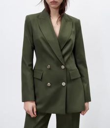 -Calças de duas partes de duas peças 2022 primavera mulheres escuras verde duplo-breasted terno jaqueta alta cintura drapejar
