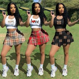Fashion Newest Letter Plaid Printed Tracksuits For Womens Sleeveless Vest Crop Tops And Mini Pleated Skirts Tennis Sports 2 Piece Sets GH088
