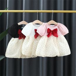 Girl's Dresses Summer Baby Girls Crew Neck Dress For Kids Bowknot Dots Short Sleeve Mesh Sweet Childrens Splicing Clothes 0-4 Years 2022Girl