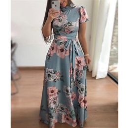 Women Elegant Short Sleeve Flower Print Long Dress Casual Slim Sashes O neck High Waist Robe Party Maxi Vestidos 220613