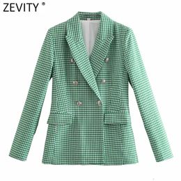 Zevity Women Vintage Green Pink Houndstooth Plaid Print Blazer Coat Office Ladies Double Breasted Outerwear Chic Slim Tops CT726 220402