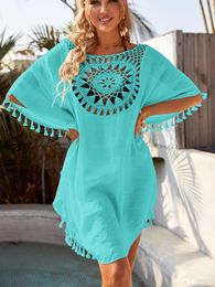 Women's Swimwear Fringe Swim Cover Ups For Women Summer Beach Tunic Cotton Solid Colour Sun Dress Blue Outlet Crochet Bikini Up