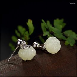 Original Natural Hetian White Jade Lotus Earrings Chinese Style Retro Elegant Craftsmanship Charm Women's Silver Jewelry Dangle & Chandelier