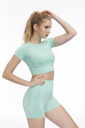 Gym Clothing Piece Set Seamless Women Sport Suit Short Sleeve Fitness Crop Top High Waist Shorts Leggings Workout Yoga Running OutdoorGym