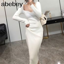 Dresses For Women Sexy Strapless Ribbed Knitted Bodycon Dress Women Winter Long Sleeve Midi Sweater Dress Clothes 220317