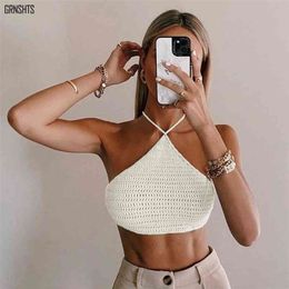 Fashion Halter Sexy Knit Crop Tops for Women Backless Sleeveless Top Cropped Bandage Club Party Outfit Summer Beachwear 210326