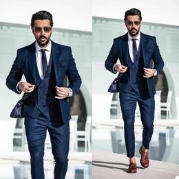 Navy Blue Tailored Men Wedding Tuxedos 3 Pieces Slim Fit Pant Suit Prom Party Business Suits Outfit Jacket Vest Pants