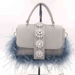 Evening Bags Shoulder Thai Minority Women's Fashion Fur Handbag Rhinestone Feather 0321