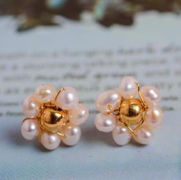 14k Gold plated Pure manual Beaded Ear Studs natural Freshwater pearl Earrings white Lady/girl wedding Fashion Jewellery