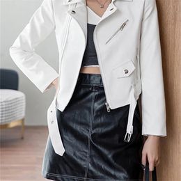 Aelegantmis Korean Casual Slim White Faux Leather Jacket Women with Belt Short PU Jacket Female Elegant Cropped Outwear Fashion 220815