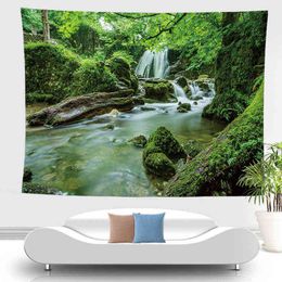 Nature Streaming Waterfall Carpet Wall Forest Tree Mountain Psychedelic Tapiz Boho Decor Farm Kitchen Living Room Decor Home J220804