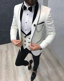 Brand New White Groom Tuxedos Shawl Lapel Slim Fit Groomsmen Wedding Dress Excellent Man Jacket Blazer 3 Piece Suit Jacket Pants Vest Tie 1296