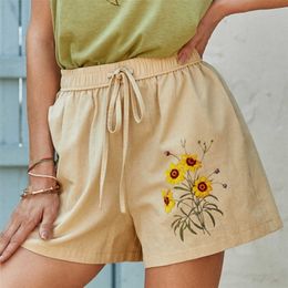 Women Summer Shorts Casual Solid Cotton Linen Elastic Waist Two Pockets Female Plus Size 210702
