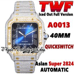 dial switch UK - 2022 TWF SA0030 Paved Diamonds ETA A2824 Automatic Mens Watch Roman Dial Fully Iced Out Diamond Gold Bezel Quick Switch Steel Brac300W
