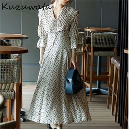 Kuzuwata Japanese Autumn Women Robes Sweet Temperament Vestidos V Neck Puff Sleeve Print High Waist Drawstring Dresses 220406