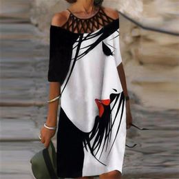 Модная ретро -печать Женщины одеваются сексуально VNECK с коротким рукавом свободное пляжное платье для дома летнее повседневное удобное женское модель платье 220611