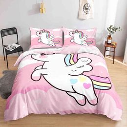 Kawaii Unicorn Colorful Luminous Kids Bedding Set for Girls Pink Deluxe Quilt Cover King Queen Twin