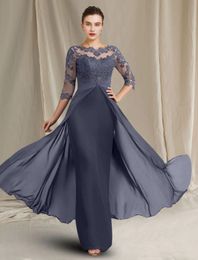 2024 Gray Vintage Purple Mother of Bride Dress Jewel Lace Appliques Half Sleeves Godmother Wedding Party Gowns