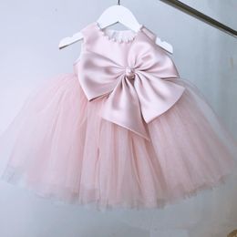 Girl's Dresses Pink Lace Beads Baby Girl Dress Baptism Ball Gown Bow Belt For Birthday Wedding Party Christening