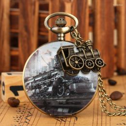 Pocket Watches Retro Pendant Watch With Accessory Steam Train Pattern Quartz Brass Necklace Arabic Numeral White Dial Clock Thun22