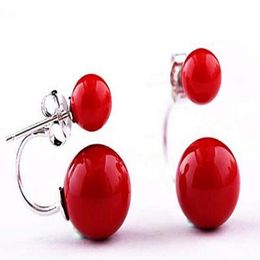 New Pair Double Coral Red South Sea Shell Pearl Sterling Silver Earring