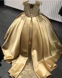 2022 Gold Crystal Flower Girls Dress Dress Dresses vestido de bola de bola de miçangas roupas infantis roupas pequenas filhos de aniversário BC14239