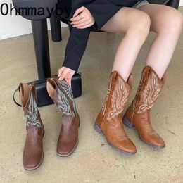 Western Cowboy Boots Fashion V Mouth Embroidery Knee-High Booties Square Heel Female knight Long Boots Winter 2022 Women's Shoes Y220729