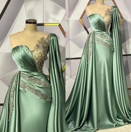 Green One Shoulder Satin Mermaid Evening Dresses Arabic Tulle Lace Applique RuchedSweep Train 2022 Women Formal Party wears BC12337