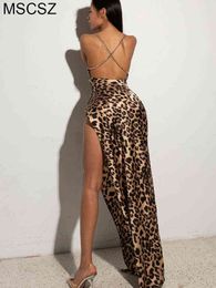 Leopard Print Backless Long Dress Women Chain Strap Sexy Party Dress 2022 Summer Maxi Dress With Slit Night Club Wear T220816