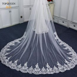Bridal Veils V73 French Alencon Lace Embroidery Applique 5m Long Cathedral Wedding Veil With Comb Tulle TransparentBridal