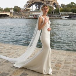 Simple V-Neck Mermaid Wedding Dress 2022 Backless New Detachable Chiffon Drape Zipper Beach Bridal Gowns Summer Vestidos De Noiva