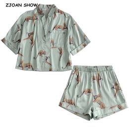 Animal Leopard Satin Short Shirt Pyjama Suits Elastic Waist Wide Leg Shorts Women Loose Short Sleeve Blouse Tops 2 Pieces Set 210302