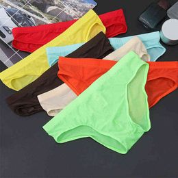 M-2XL 10 Bright Solid Colours Quick-Drying Half Transparent Men Underwear Smooth Soft Low-waist Ice Silk Daily Briefs Y220426