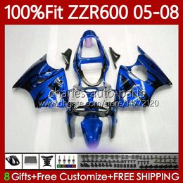 100% Fit Fairings For KAWASAKI NINJA 600CC ZZR-600 600 CC 2005-2008 Bodywork 134No.90 ZZR600 05 06 07 08 ZZR 600 2005 2006 2007 2008 Injection Mold Body Kit Blue flames