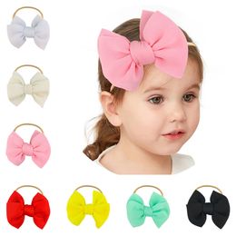 New 5" Solid Puff Bows Headband Handtied Hair Bows Nylon Headband For Children Girls Puffy Bow Hair Clip Headwear Bulk