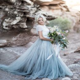 blue boho wedding dress UK - 2019 Bohemian Colored Wedding Dresses Short Sleeve Jewel Neck A Line Soft Tulle Cap Sleeve Boho Lace Light Blue Bridal Gowns265p